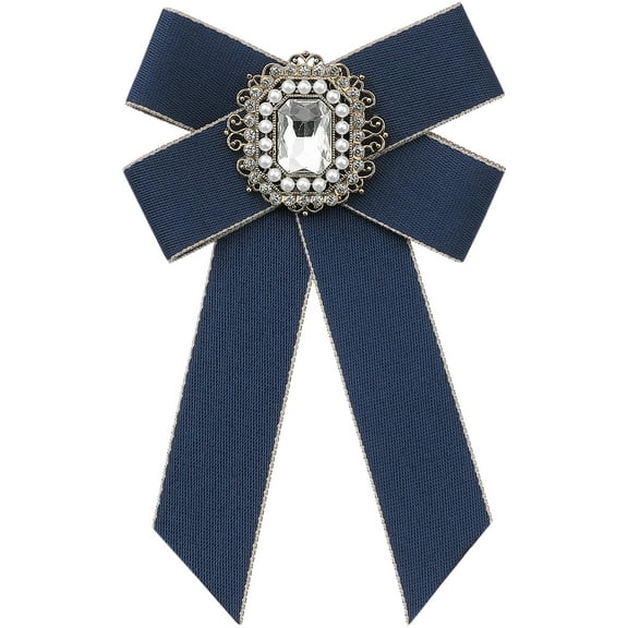 INSPIRE CHIC Womens Ribbon Brooch Elegant Bowtie Rhinestone Bow Ties for Uniform Dress Navy Blue