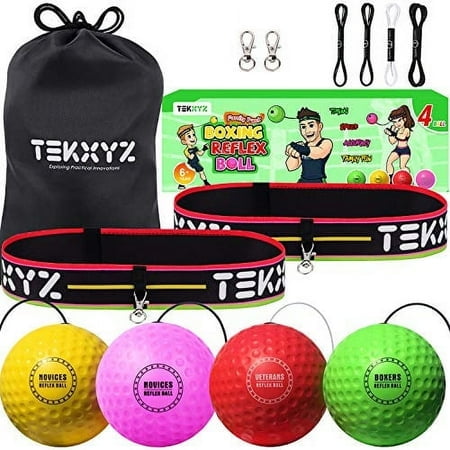 TEKXYZ Ensemble Familial de Balles Réflexes de Boxe, 4 Balles de Boxe Différentes avec Bandeau, Parfaites pour la Réaction, l'Agilité, la Vitesse de Frappe, les Aptitudes au Combat et l'Entraînement de la Coordination Oeil-Main