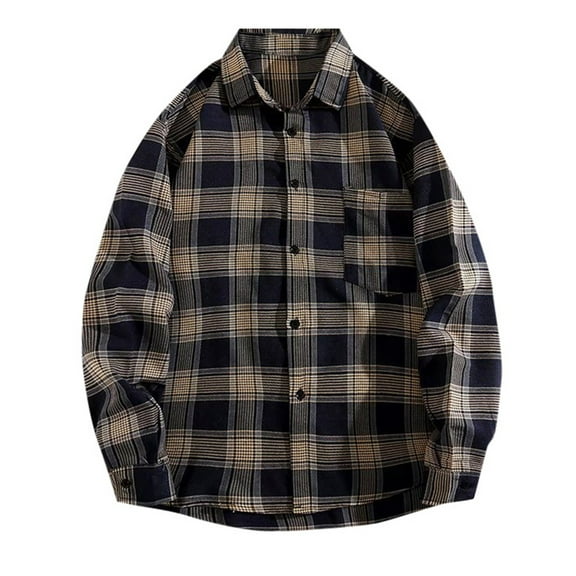 Mens Casual Button Down Shirts Autumn Winter Plaid Print Lapel Long Sleeve Loose Trendy Breathable Tops Daily-Wear
