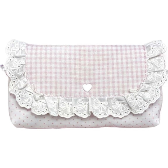 Color B Pink Polyester Bow‑Decor Quilted Pencil Case, Lace‑Trim Button‑Closure Stationery Pouch For Dorm Library Backpack Storage 7.28"x4.33"x1.18"