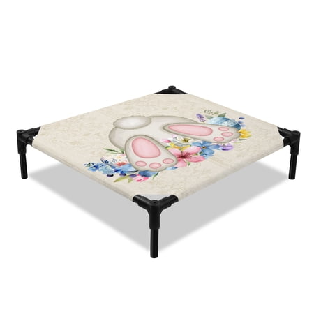Easter Rabbit Elevated Dog Bed Spring Pink Blue Flowers Plant Egg White Bunny Tail Linen Texture Cooling Breathable Outdoor Raised Dog Cot Bed with Metal Frame Non-Slip Feet for Small Dog 20x20in
