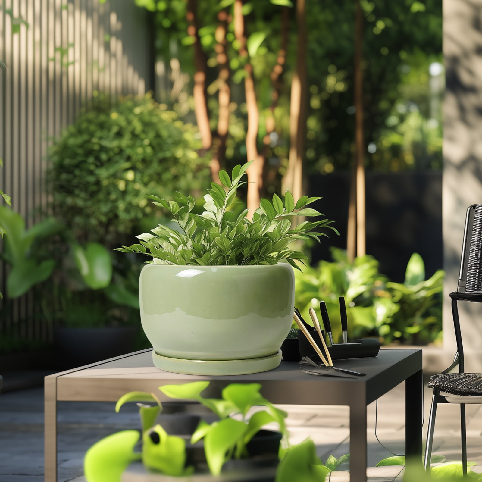 Ordivic 10 inch Glossy Green Ceramic Plant Pots with Drainage & Saucer, Large Round Pots for Monstera,Fiddle Leaf Fig,Entryway Decor
