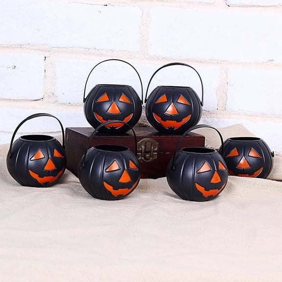 Lightweight Pumpkin Candy Buckets 6-Pack, Halloween Trick or Treat Pots for Kids Party Decor, Black, One Size, Plastic
