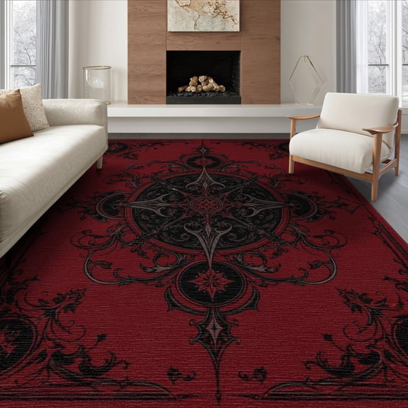 ODIKA 8'x10' Washable Area Rug Deep Red Ornate Medallion Design Intricate Baroque Style with Elegant Flourishes for Dining Room, Large Office, Lounge, Non-Slip Chair-Friendly Mat