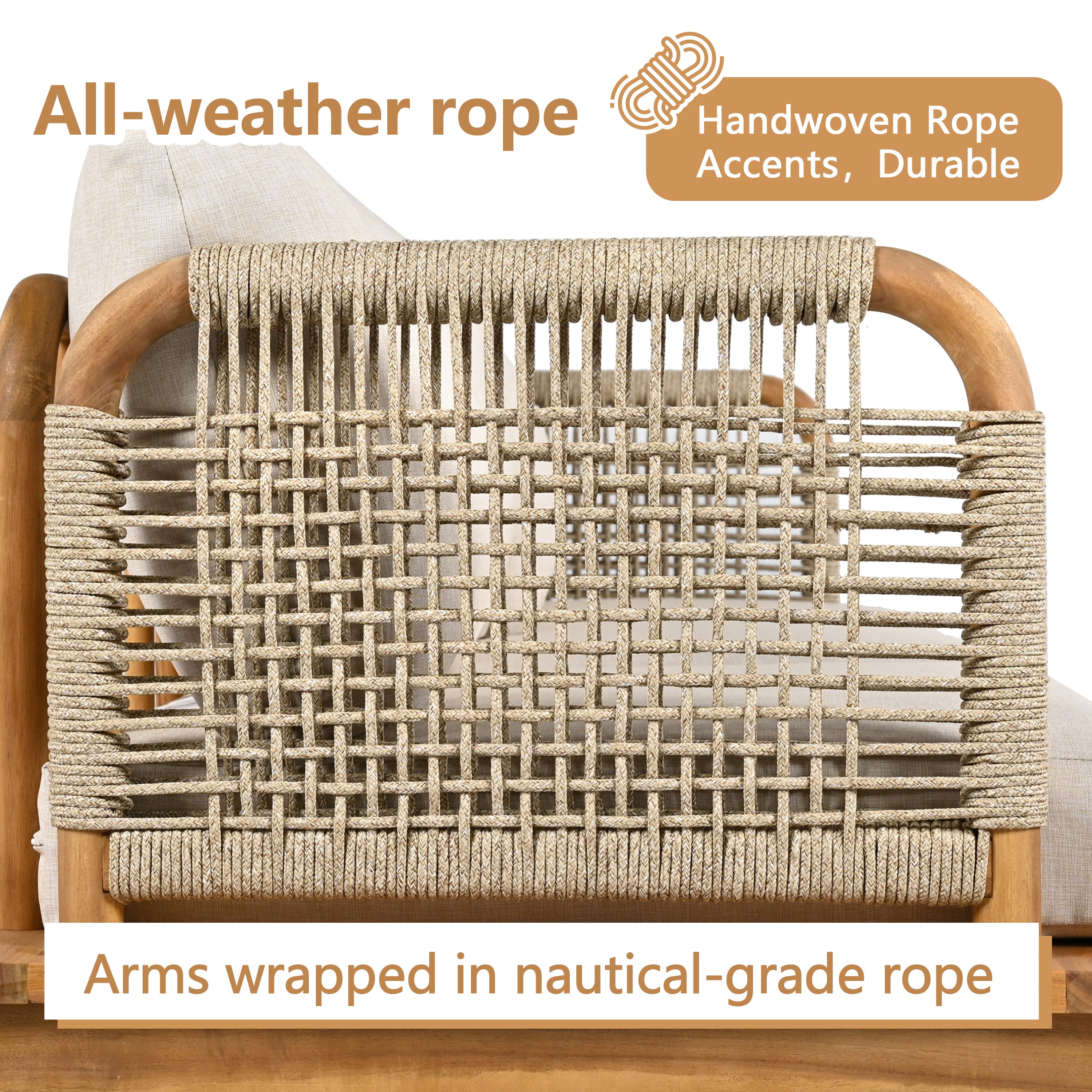 Outdoor Acacia Wood & Rope Club Chair Set of 2 with Plush Cushions, Weather-Resistant Patio Lounge Chairs for Garden Porch Backyard, Teak+Beige