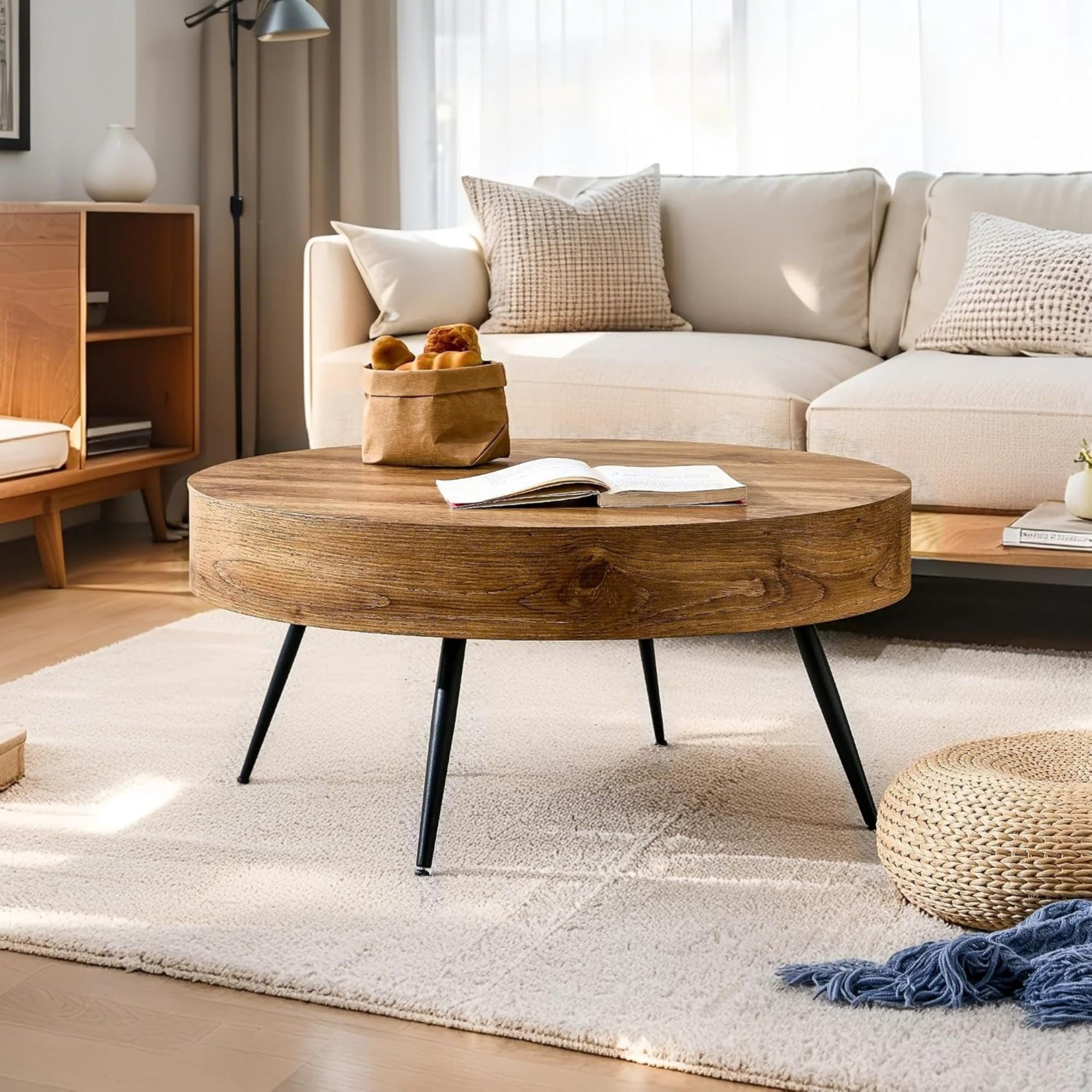 SUDICA 31.5 in Round Coffee Table, Rustic Wood Grain Finish with Black Metal Legs for Living Room