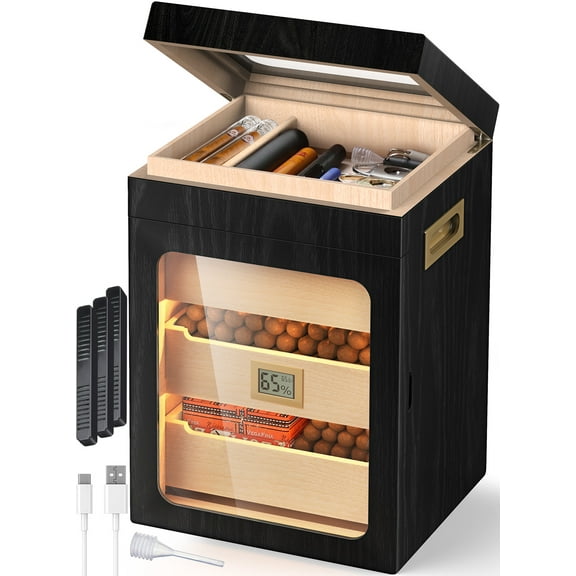NEEDONE Cigar Humidor, Glass Top Drawer & LED Lighting,3 Humidifiers,Cedar Wood Shelves,Desktop Humidor Box Case Cabinet can Hold 150 Cigars,Gift for Men