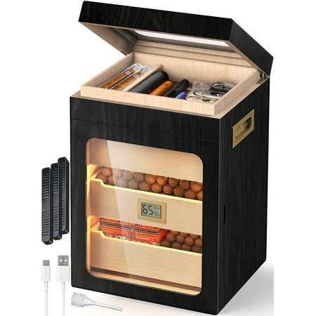 NEEDONE Cigar Humidor Glass Top Drawer & LED Lighting 3 Humidifiers Cedar Wood Shelves Desktop Humidor Box Case Cabinet can Hold 150 Cigars Gift for Men