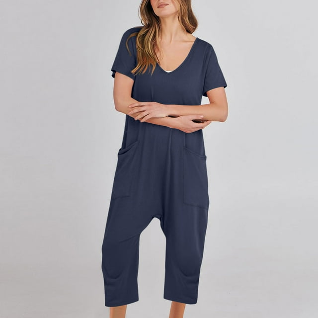 Combinaisons pour Femmes, Mode Femmes Combinaison Décontractée à Manches Courtes Combinaisons Unies Pantalon à Jambes Larges avec Poches