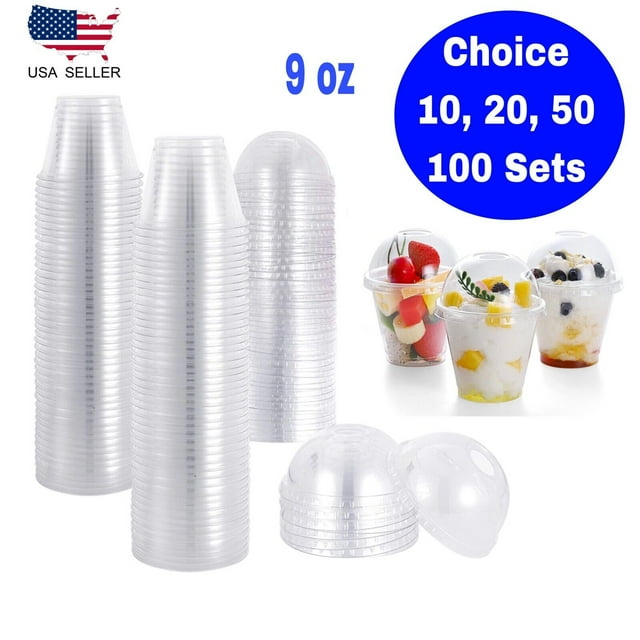 9 oz Clear Plastic Cups with Dome Lids With Hole Dessert Cold Drink