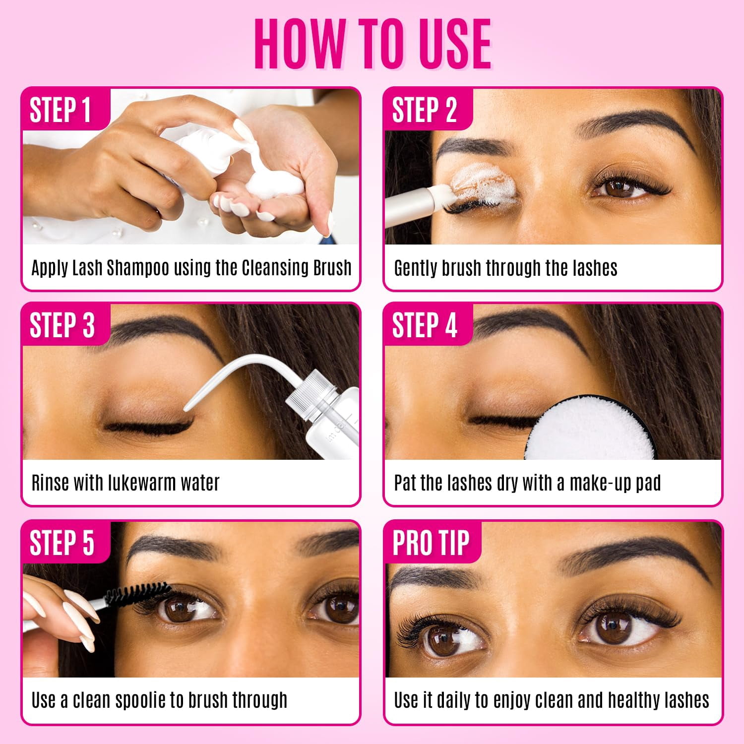 STACY LASH Lash Shampoo Kit Foaming Cleanser Eyelash Grooming Kit Includes Eye Lash Spoolies, Rinse Bottle, Cleansing Pad