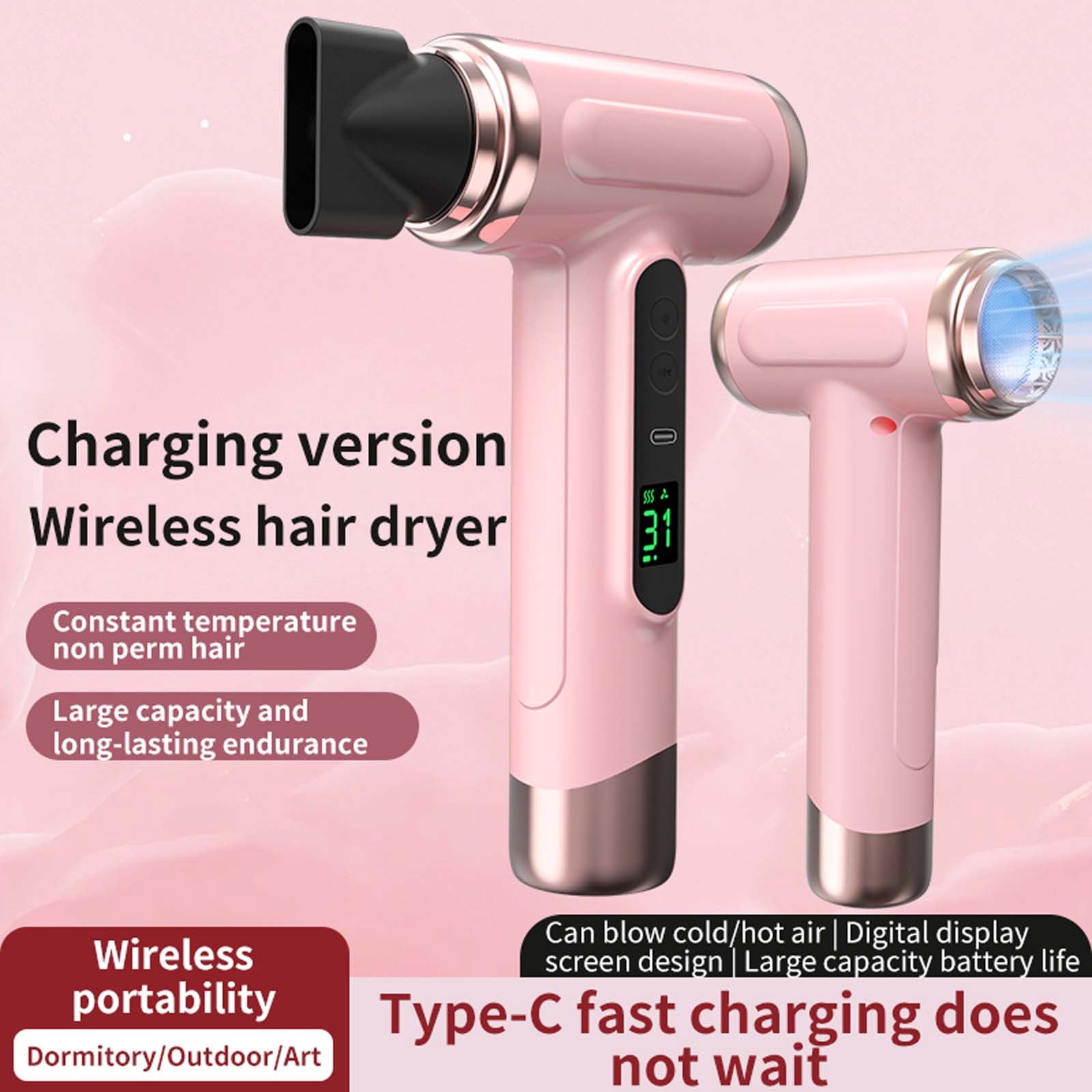 Momihoom Cordless Hair Dryer, 15000mAh Professional Blow Dryer with Nozzle, for Travel