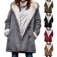 thumbnail image 2 of Skymirror Women Fuzzy Jacket Fleece Lined Hooded Horn Buttons Medium Length Overcoat Winter Windproof Furry Outerwear Streetwear, 2 of 8