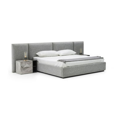 Benjara Noe Minn King Size Platform Bed with Gray Upholstered Tufted Wall Headboard