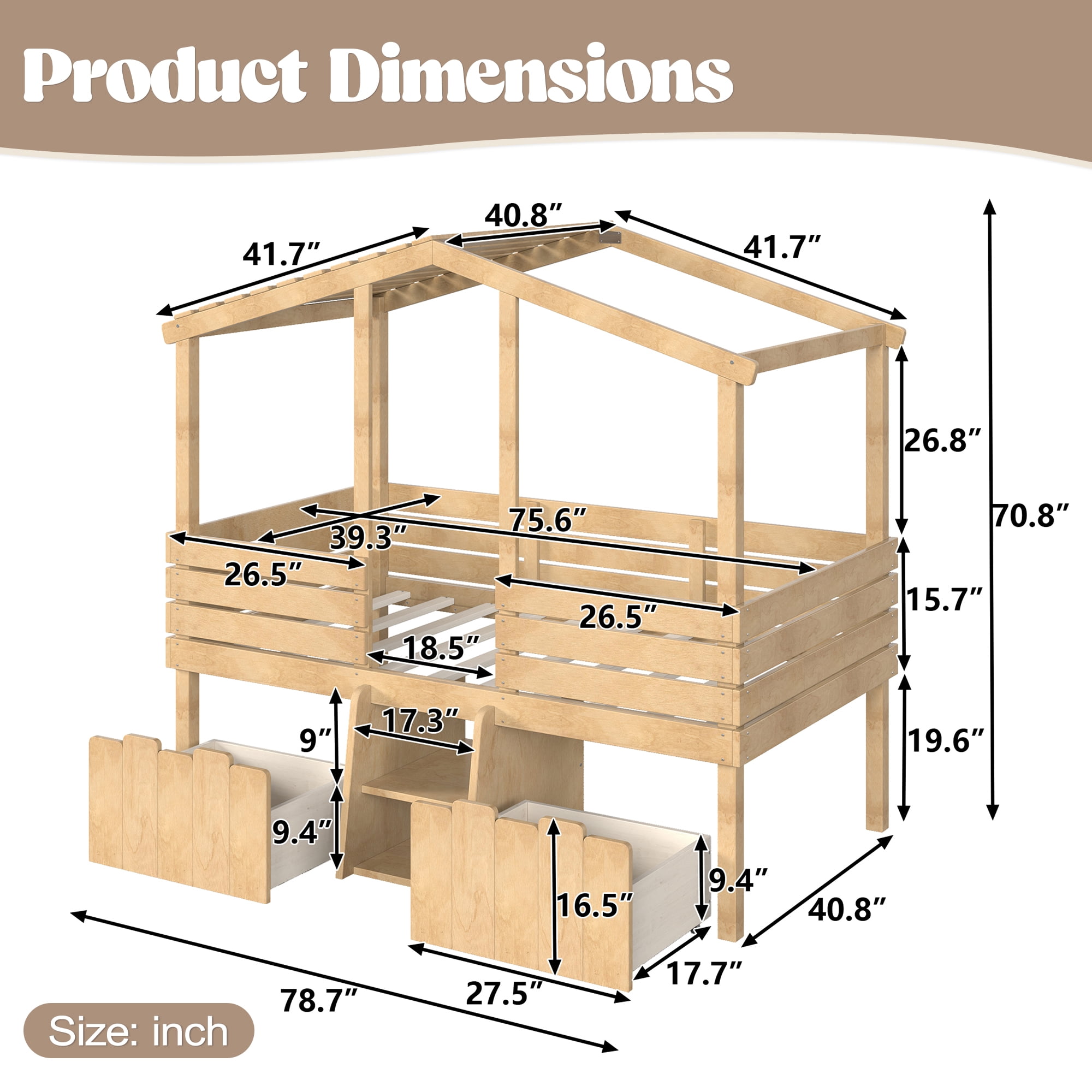 HOQBN House Loft Bed Twin Size,Low Loft Bed with Stairs and 2 Big Storage Drawers,Farmhouse Style Bed Frame with House Shaped Roof,Natural