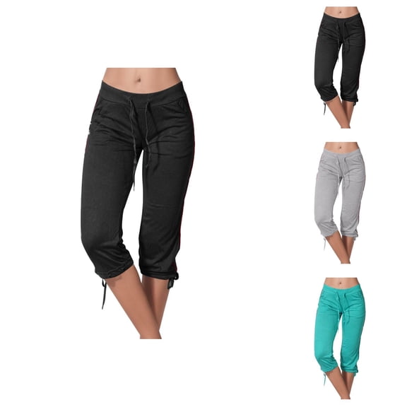 Capri Pants for Women Summer Casual Elastic Mid Waist Drawstring Cropped Sweatpants with Pockets