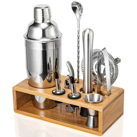 Semderm 10-Piece Cocktail Shaker Set, Stainless Steel Bartender Kit with Bamboo Stand, Mixology Tools with Muddler Jigger Pourers for Home Bar, Gift for Men & Women ( Silver )