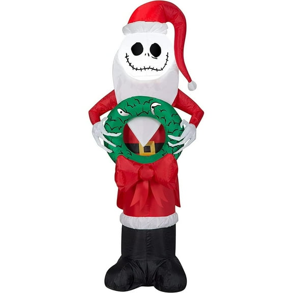 UlaREYoy GE118986 4 Foot Nightmare Before Christmas Jack Skellington with Wreath Inflatable Holiday Decoration, As Shown