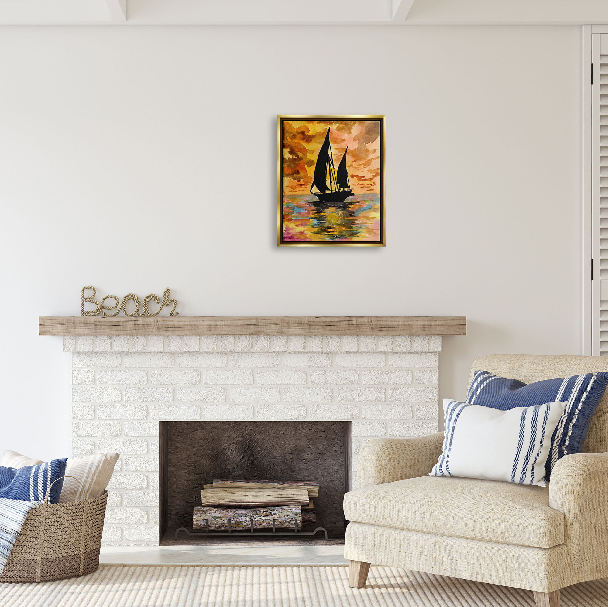 Stupell Industries Sailboat at Sunset Transportation Painting Gold Floater Framed Art Print Wall Art, 17 x 21