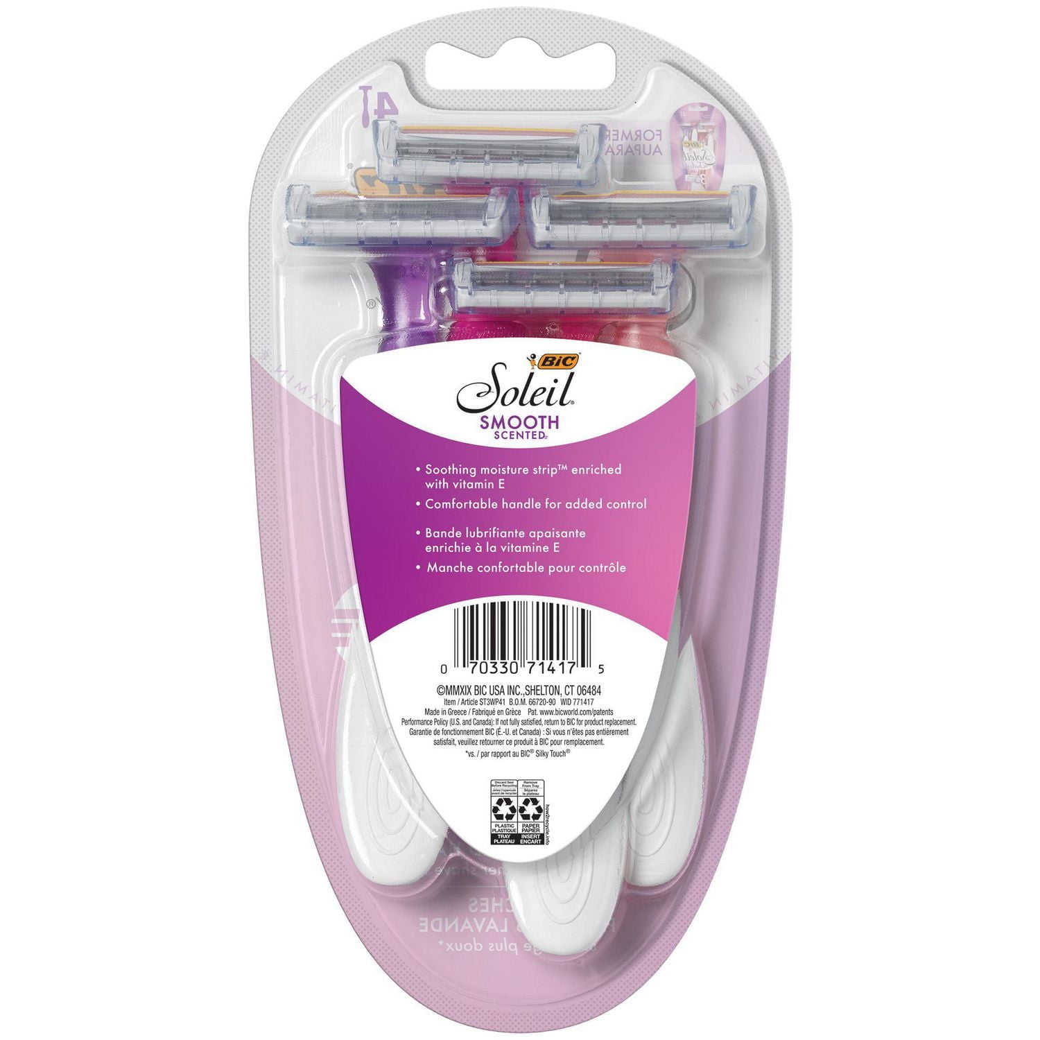 Rasoir jetable pour femmes BIC Soleil Smooth Scented, 3lames avec une bande lubrifiante pour un rasage dlicat, assortiment, ensemble de (4+2)pices de rasoirs. Paquet de 4