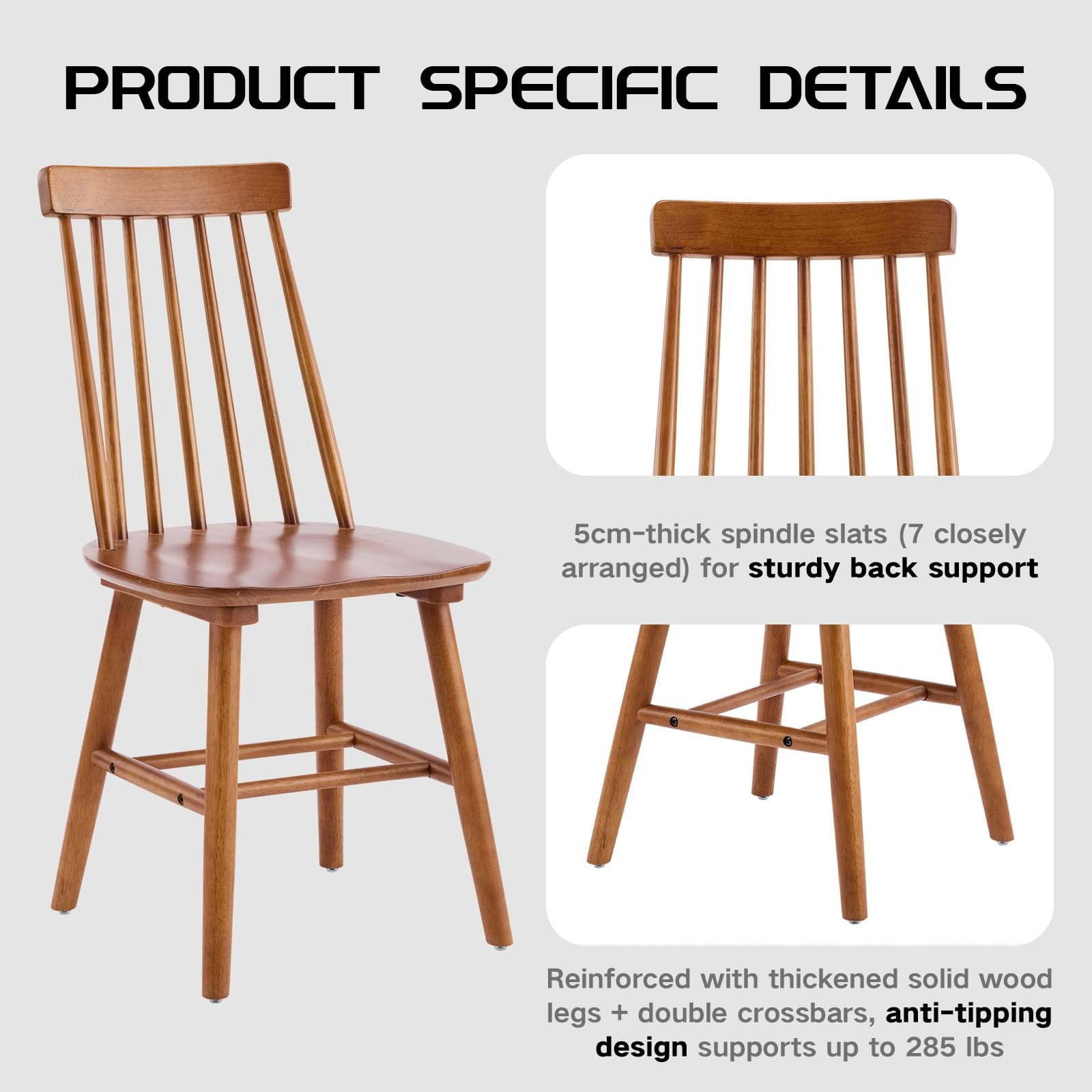 Walnut Farmhouse Dining Chairs Set of 4, Mid Century Modern Spindle Back Wooden Dining Room Chairs for Kitchen & Living Room