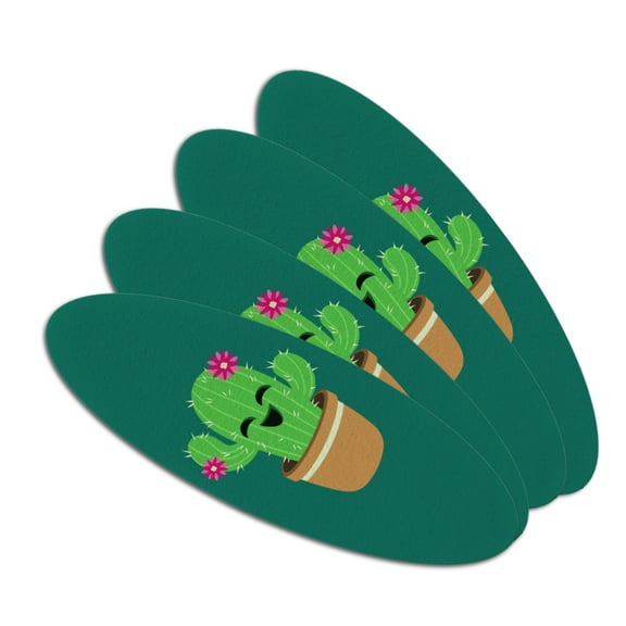 Cute Cactus in Pot with Pink Flowers Double-Sided Oval Nail File Emery Board Set 4 Pack