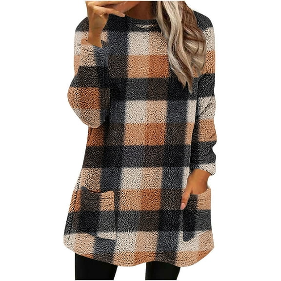 Fall Fashion Must Haves Womens Stylish Plaid Print Long Sleeve Round Neck Pullover Sweatshirt Tops with Cozy Pocket Detail Women Fall Clothes