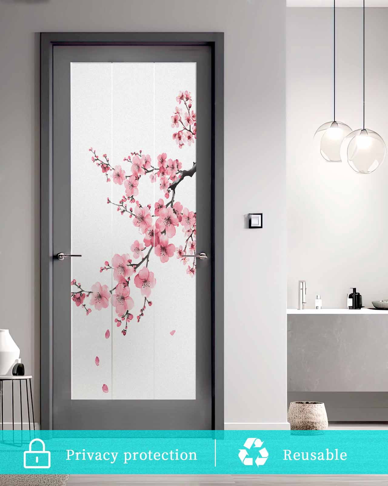 Window Privacy Film Pink Flower Stained Glass Window Film Decorative Sun Block Window Cover Spring Summer Botanical Floral Branches Window Clings Static Adhesive Sticker for Bathroom 35.4"x78.7"