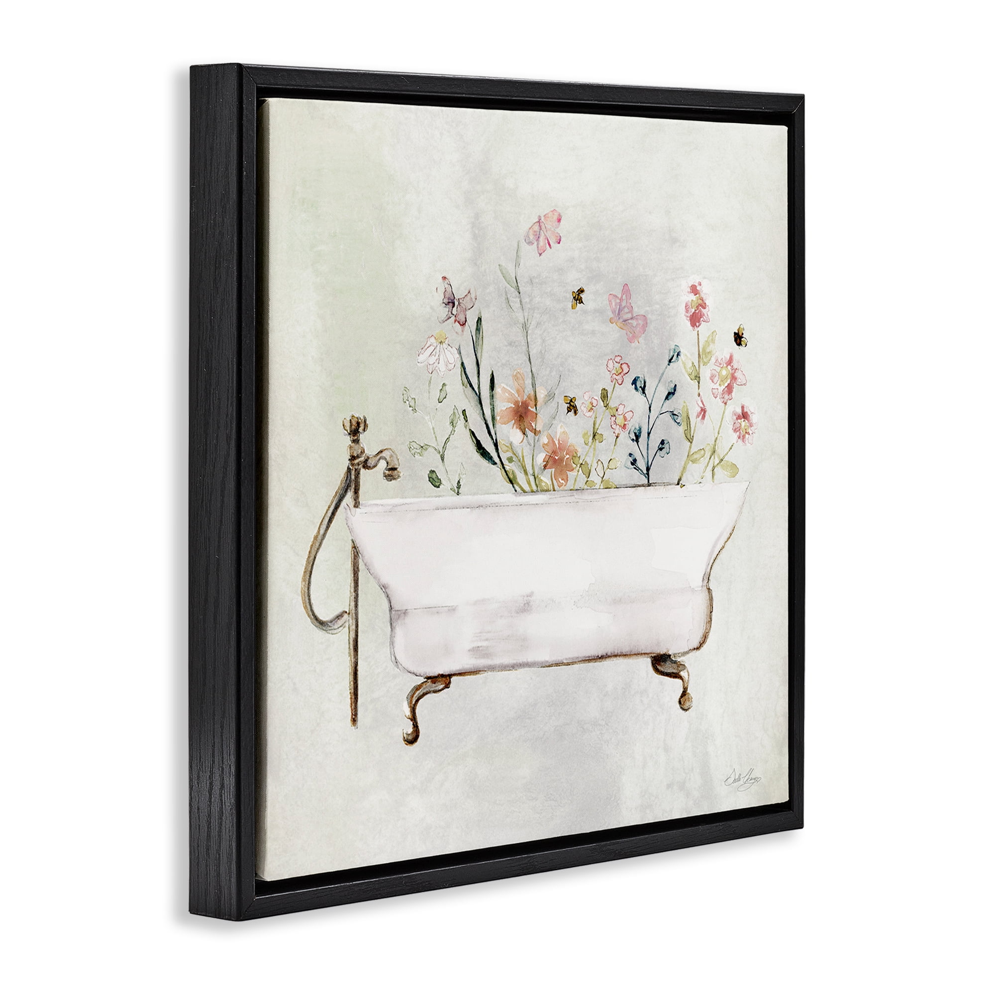 Stupell Industries Butterfly Floral Tub Typography Painting Black Floater Framed Canvas Art Print Wall Art, 25 x 25