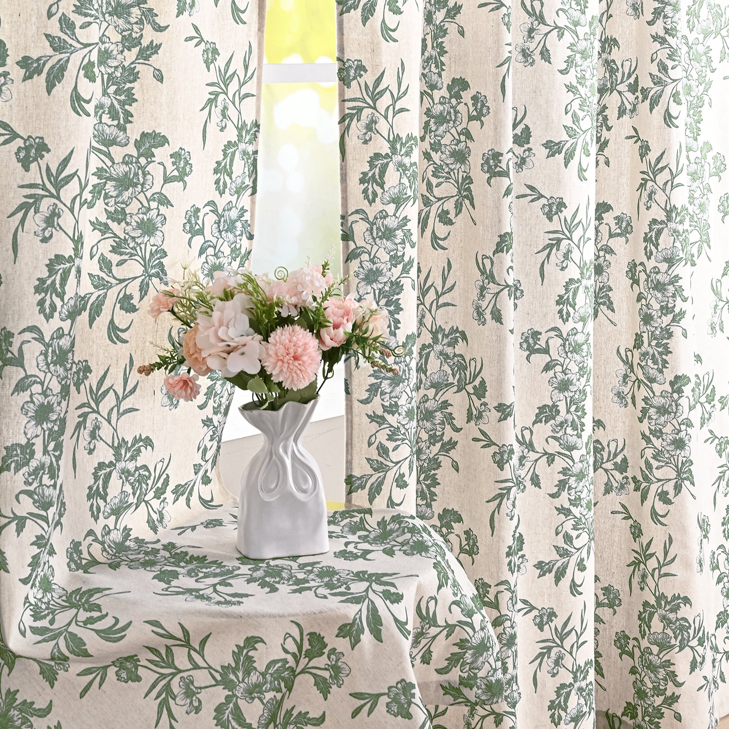 Alishomtll Floral Curtains for Living Room Farmhouse Country Linen Curtains Light Filtering Window Drapes,Sage Green ,52"x84", 2 Panels