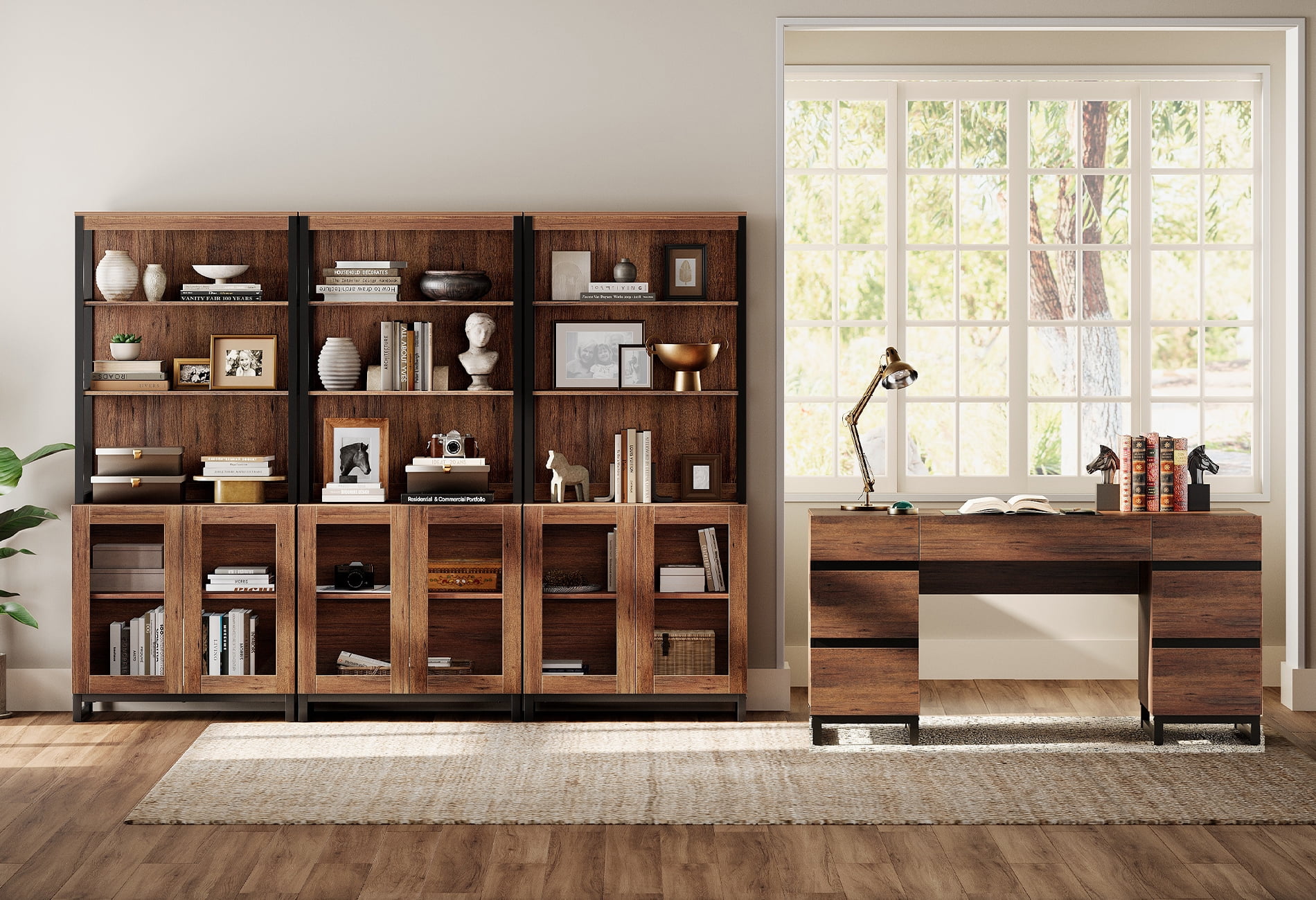 WAMPAT Home Office Set: 59" Modern Desk with Charging Station and Storage Cabinet,Three 72" Tall Bookcases with Adjustable Shelves, Wood Computer Desk and Library Storage Cabinet for Work Study,Brown