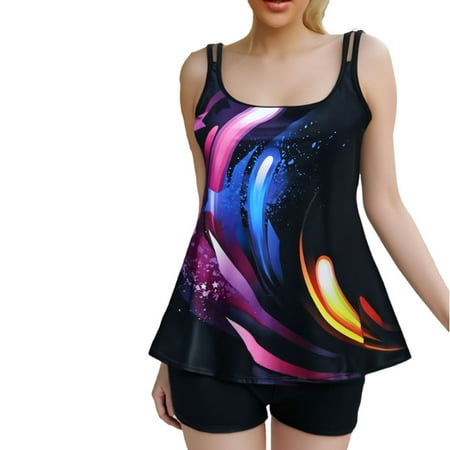 Wyobmus Tankini Swimsuits for Women Two Piece Tummy Control Bathing Suit High Waist Printing Padded Swim Dress With Boyshorts K-Multicolor