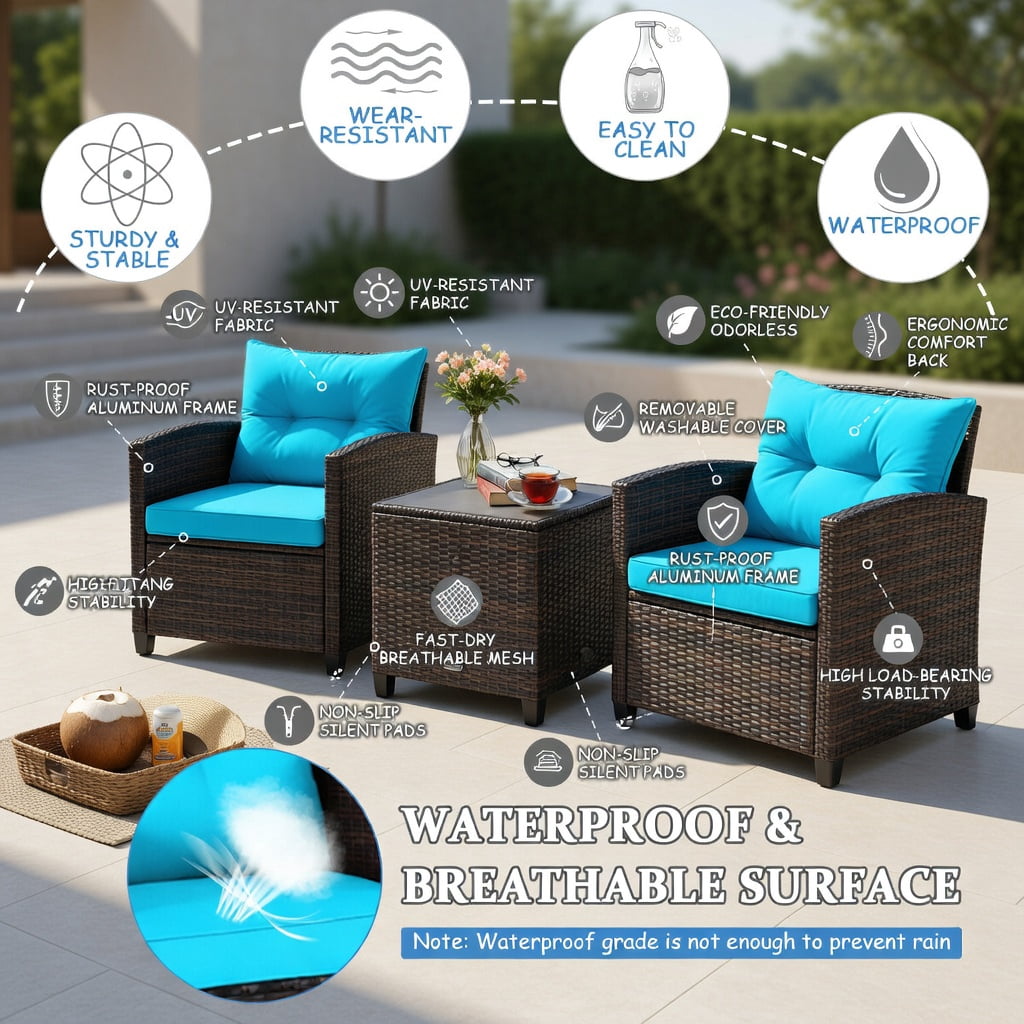 Hommoo 3-Piece Outdoor Rattan Patio Furniture Set with Cushions, Wicker Sofa & Coffee Table for Garden, Poolside, or Deck, Turquoise