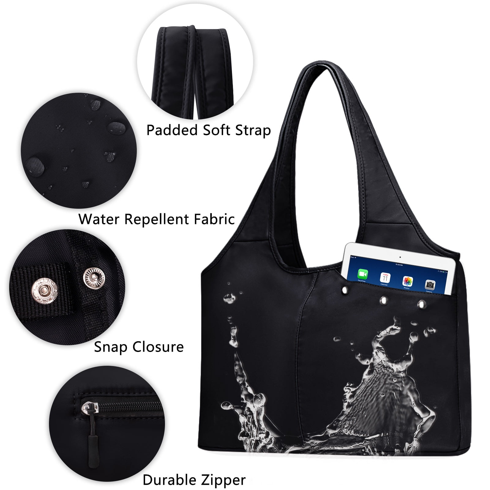 HAWEE Utility Shoulder Bag for Women Black Tote Purse with Wet Umbrella Pocket and Water Bottle Pocket Fits 13.3” Laptop