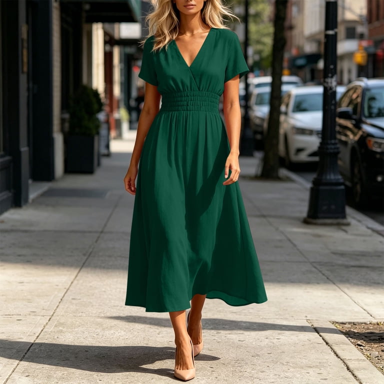 flowy midi dress wedding guest Flowy A Line Maxi Wedding Guest Dress, Green / M