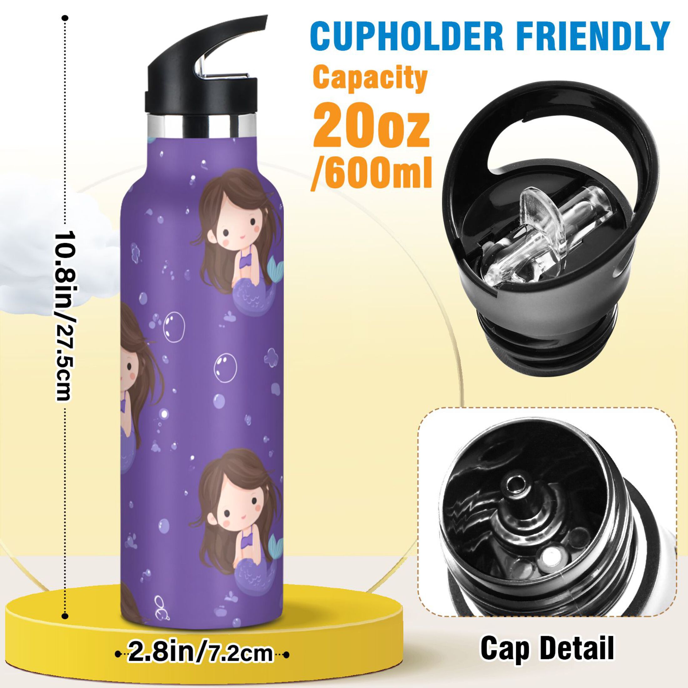 Kids Insulated Stainless Steel Sports Water Bottle 600ml (20oz) Brown Hair Mermaid