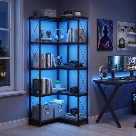 Corner Bookshelf, 5 Tier Industrial Style Design Corner Shelf with Metal Frame and Open Shelves for Living Room, Bedroom, Study, Black