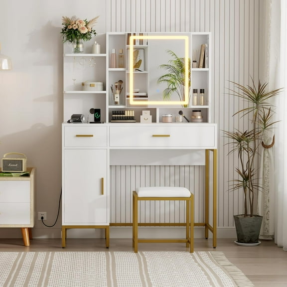 Garvee Makeup Vanity Desk with Lights in 3 Colors, White Vanity Table with Charging Station, Visible Drawers