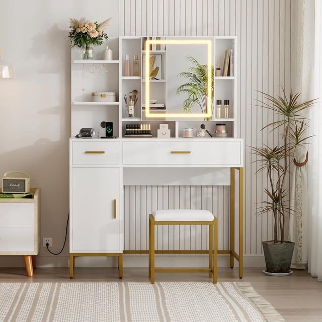 Makeup Vanity Desk with Lights in 3 Colors, White Vanity Table with Charging Station, Visible Drawers