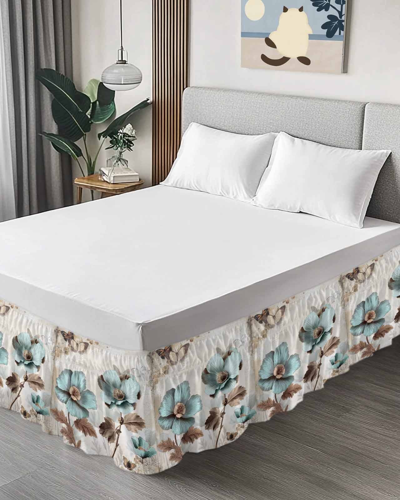 Victorian Style Broccoli Butterfly Bed Skirt Blue Flowers Plant Bed Skirts Queen Size 16 Inch Drop, Wrap Around Dust Ruffle&nbsp;Bedskirt with Adjustable Elastic Belt for Queen Size Beds