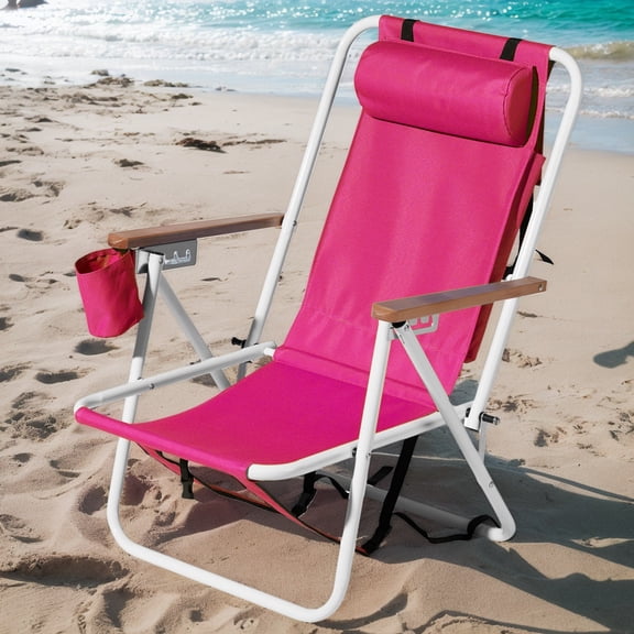 4-Position Folding Beach Chair w/ Backpack Straps, Headrest & Cup Holder, Pink
