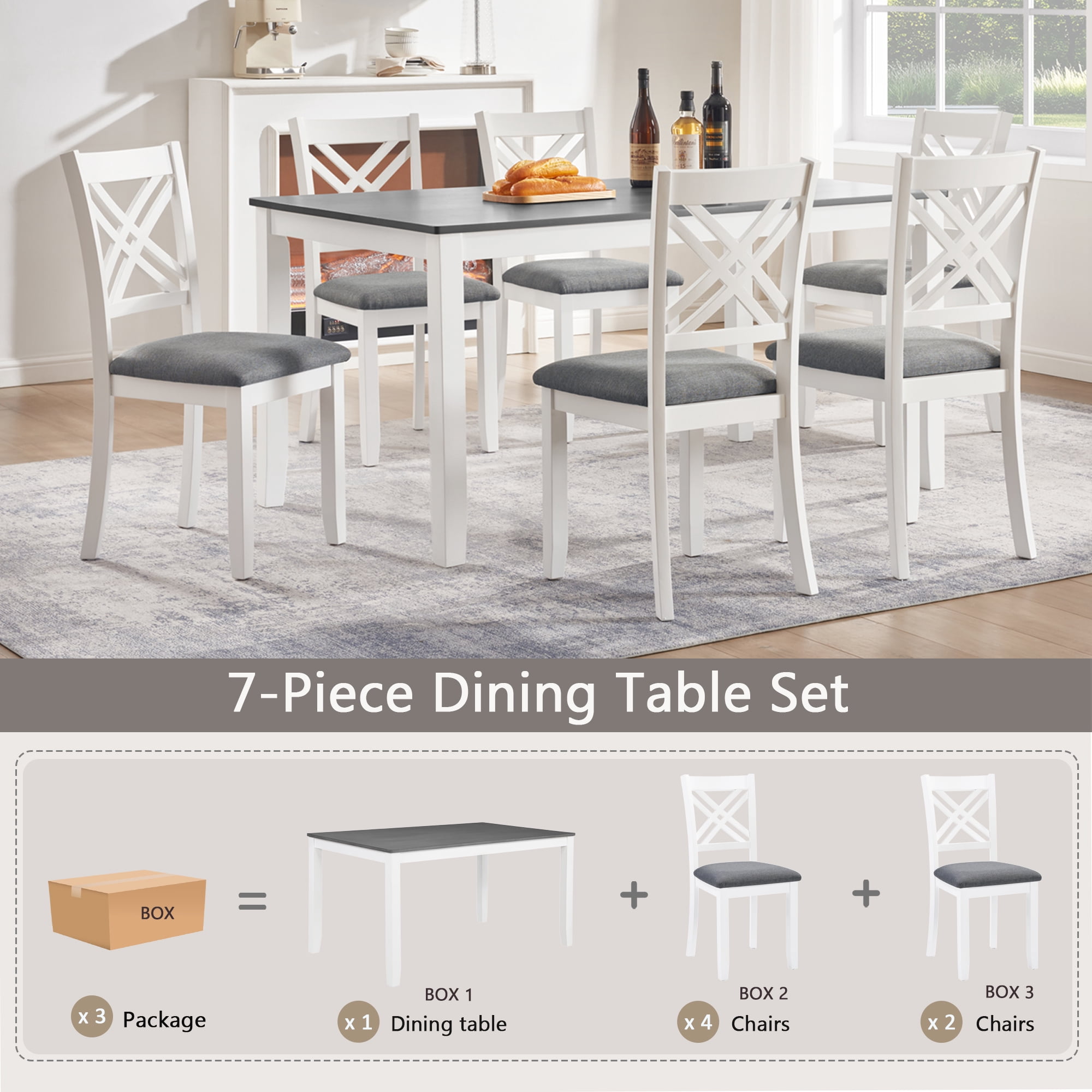 7 Piece Dining Set for 6, 58.5" Rectangular Dining Table with 6 Upholstered Chairs