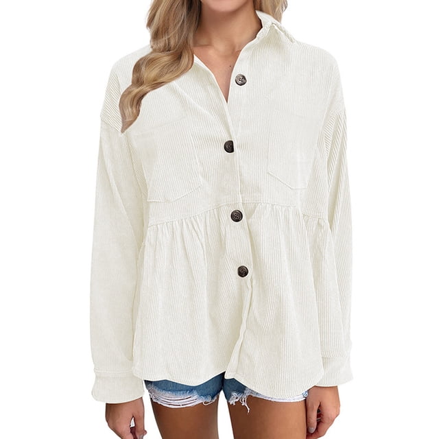 Camisa de pana de moda para mujer, camisa informal de manga larga con botones, top (Beige)