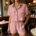 thumbnail image 2 of QGJZVUNL 2 Piece Sets for Women Summer Casual Short Sleeve Button Tops Elastic Waist Shorts Lounge Set Size M, 2 of 7