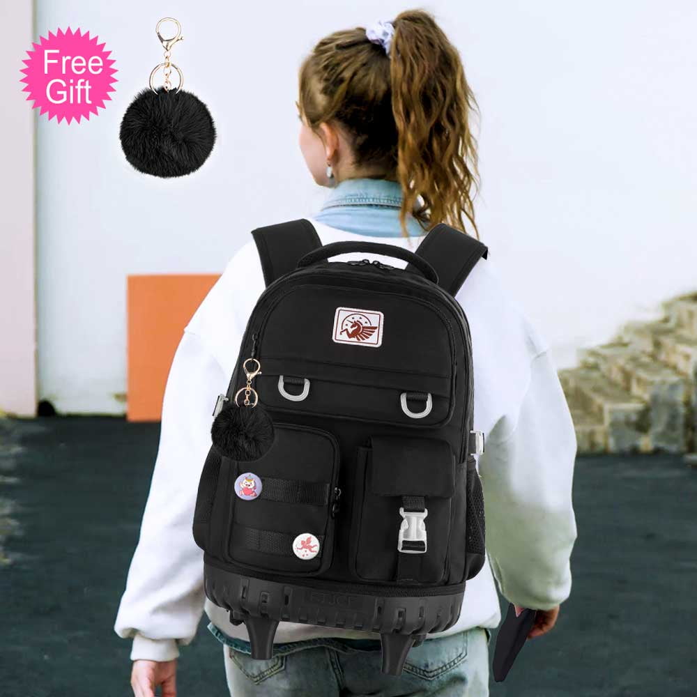 AGSDON Rolling Backpack for Girls Women, 21 inch Roller Wheels School Bookbag, Wheeled Suitcase Backpacks with Lunch Bag for Teen - Black
