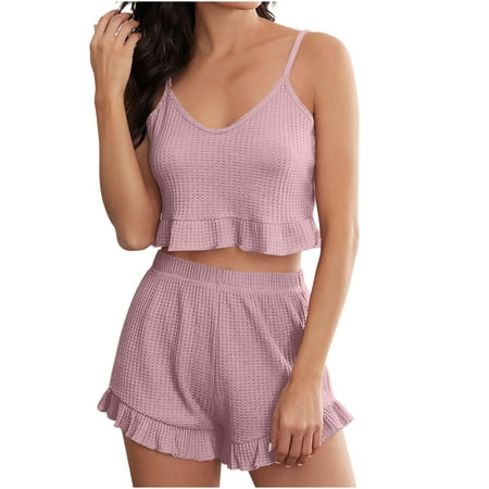 

TZNBGO Pink Sets Women 2 Piece Outfits Home Leisure Sets For Women 2 Piece Knit Ruffle Hem Cami Lounge Set Comfortable Pajamas Waffle Casual Home Set Pink S Joggers For Women Two Pieces Set164 A4992