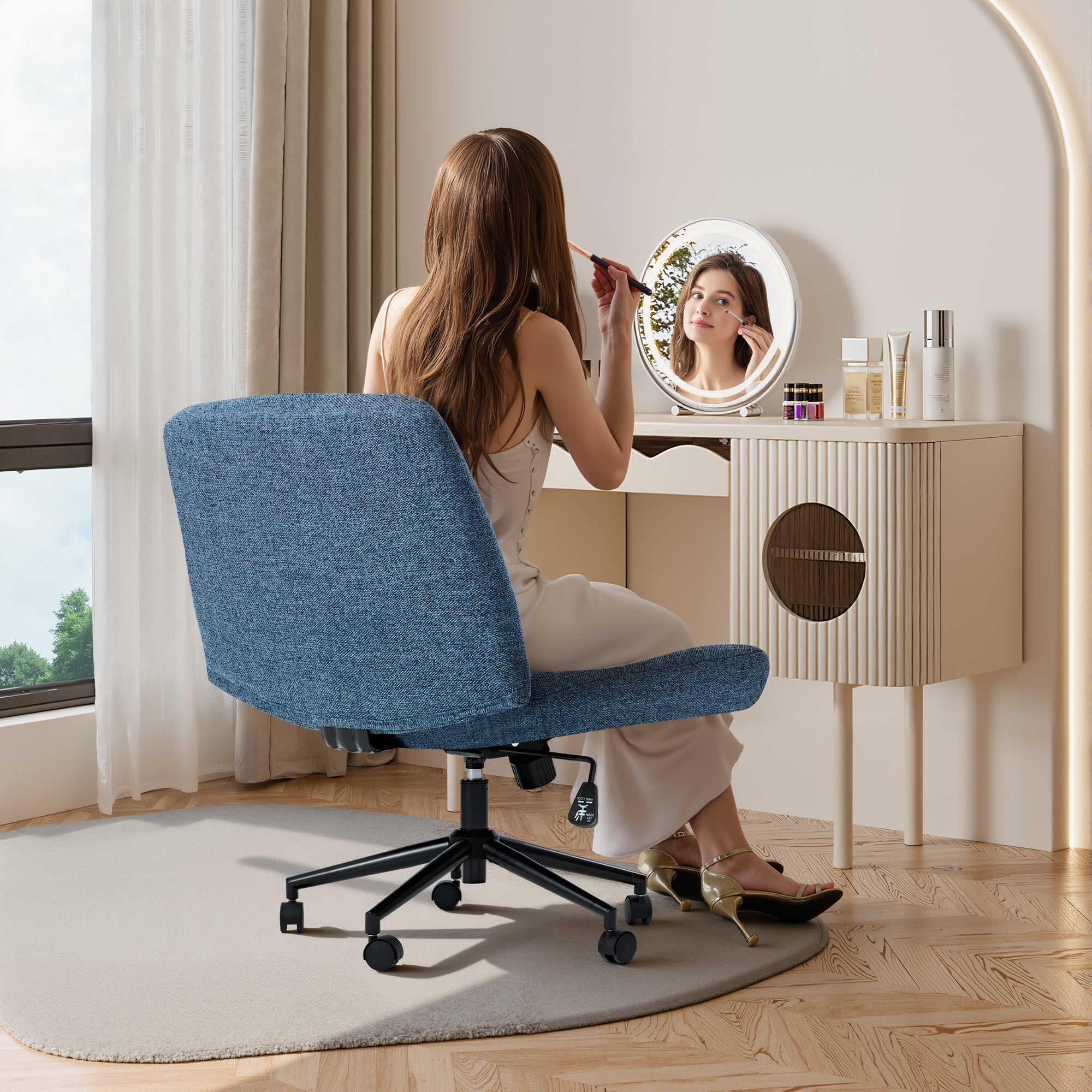 Office Chair Armless Criss Cross Legged Chair with Wheels, Comfy Home Office Desk Chairs, Adjustable Swivel Padded Fabric Vanity Task Computer Chair,Blue
