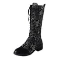 thumbnail image 5 of Rokment Vintage Embossed Mid Calf Combat Boots for Women Ethnic Casual Leather Patchwork Chunky Block Low Heels Lace up Knee High Tall Dress Booties, 5 of 7