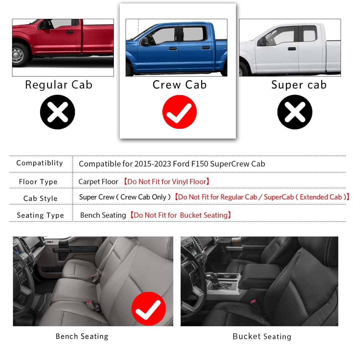RVNI Custom Fit Floor Mats Compatible with 2015-2023 Ford F-150 SuperCab/Extended Cab with 1st Row Bench Seats Only, All Weather Protection 2 Row Floor Liner Set Black