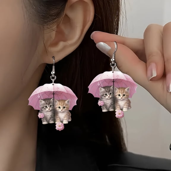 SmartBy 1 Pair Women Earrings 2D Cat Under Umbrella Shape Acrylic Sweet Style Hanging Earrings Gift for Animal Lovers Dating Daily Party Hook Earrings